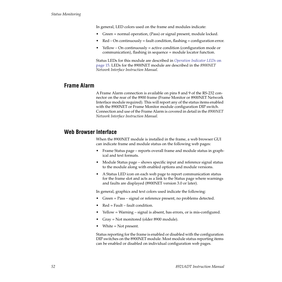 Frame alarm, Web browser interface | Grass Valley 8921ADT User Manual | Page 52 / 58