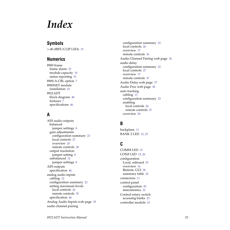 Index, Symbols, Numerics | Grass Valley 8921ADT User Manual | Page 55 / 58