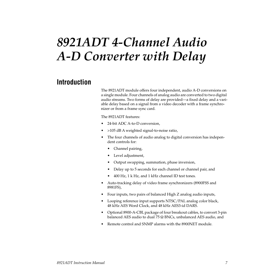 8921adt 4-channel audio a-d converter with delay, Introduction | Grass Valley 8921ADT User Manual | Page 7 / 58