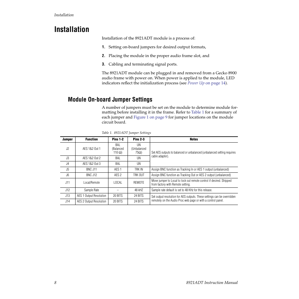 Installation, Module on-board jumper settings | Grass Valley 8921ADT User Manual | Page 8 / 58