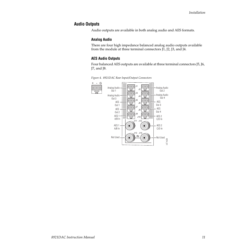 Audio outputs, The cabling, Analog audio | Aes audio outputs | Grass Valley 8921DAC User Manual | Page 11 / 50