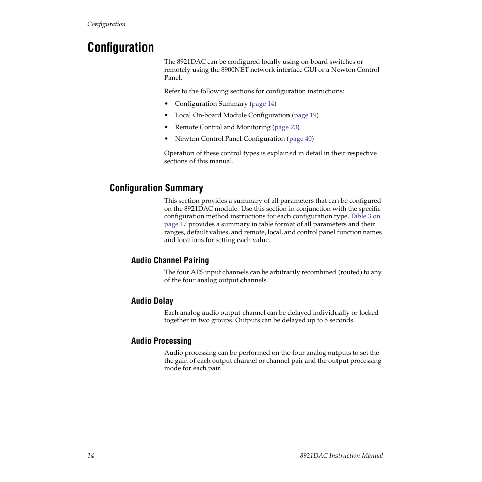 Configuration, Configuration summary, Audio channel pairing | Audio delay, Audio processing | Grass Valley 8921DAC User Manual | Page 14 / 50