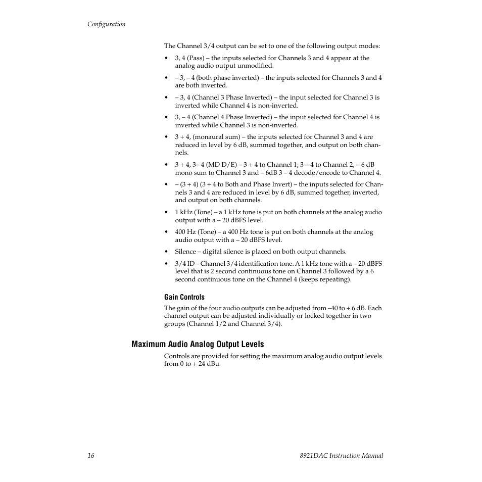 Maximum audio analog output levels | Grass Valley 8921DAC User Manual | Page 16 / 50