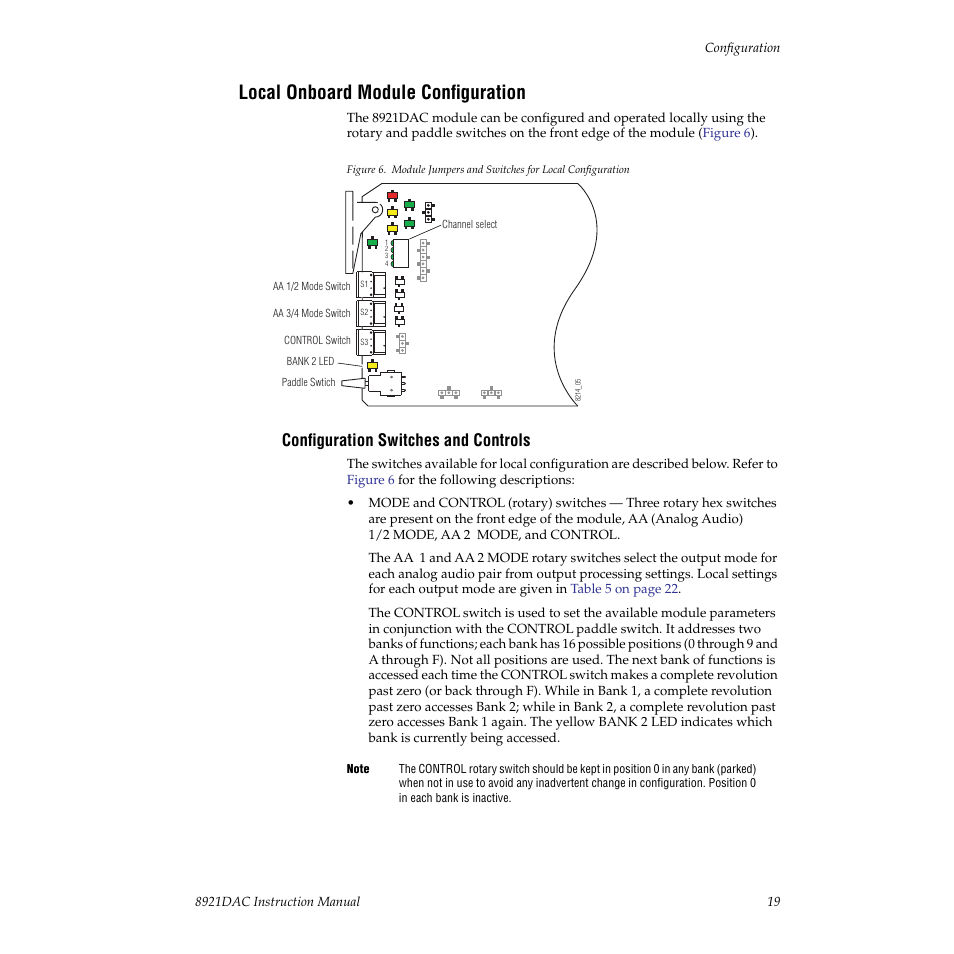 Local onboard module configuration, Configuration switches and controls | Grass Valley 8921DAC User Manual | Page 19 / 50