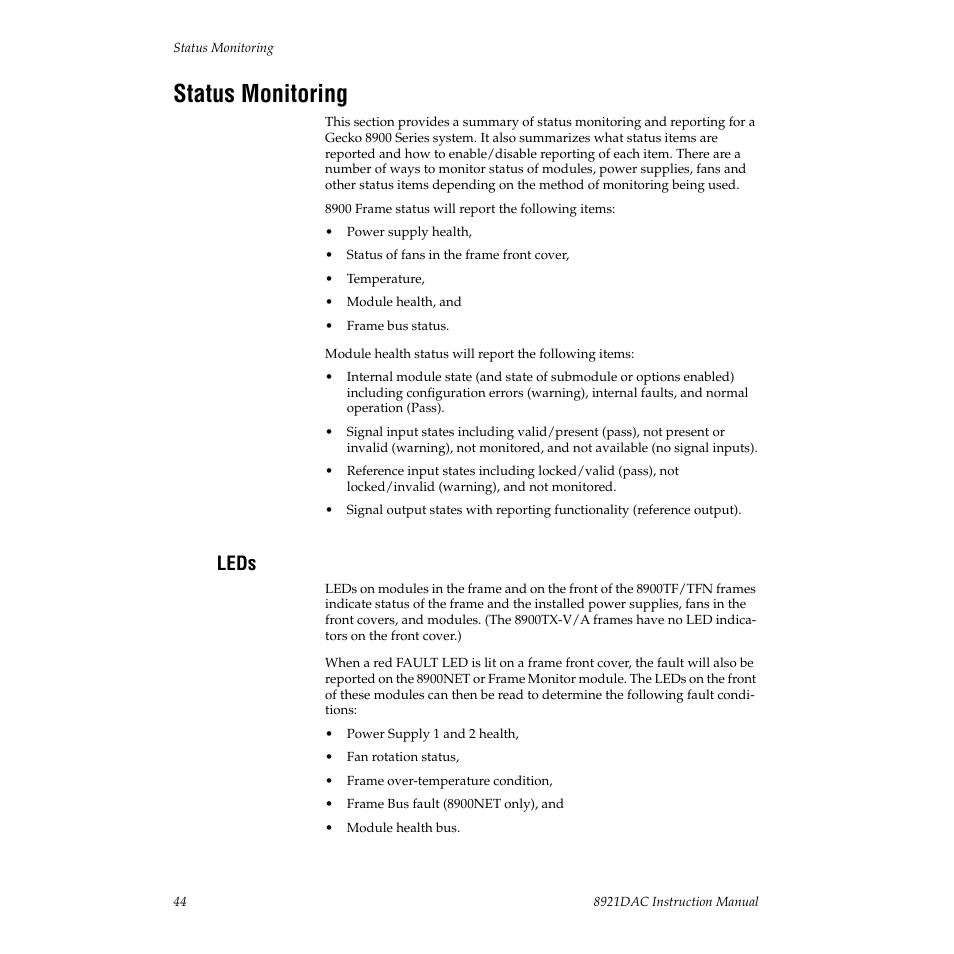 Status monitoring, Leds, Efer to | For an explanation of the color coding, Link | Grass Valley 8921DAC User Manual | Page 44 / 50