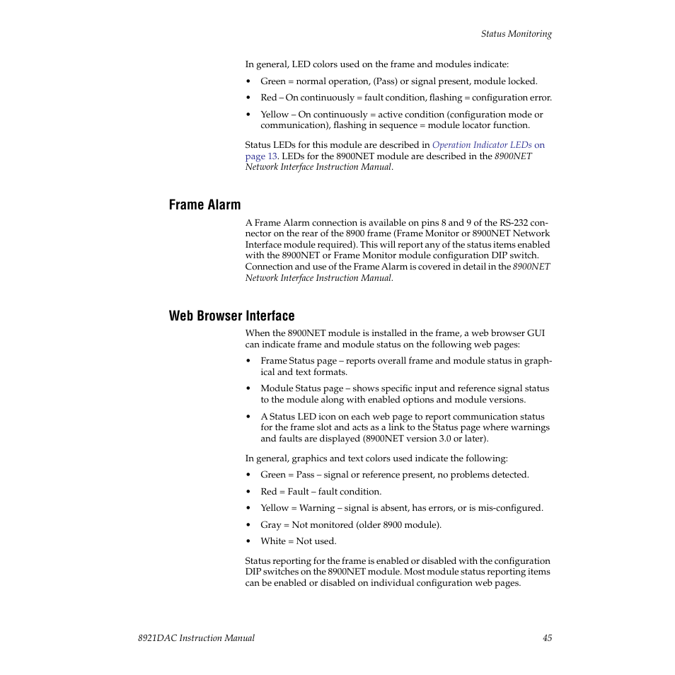 Frame alarm, Web browser interface, Web browser interface on | Link | Grass Valley 8921DAC User Manual | Page 45 / 50