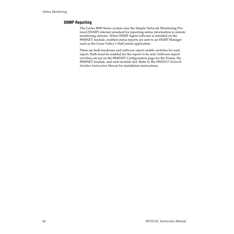 Snmp reporting | Grass Valley 8921DAC User Manual | Page 46 / 50