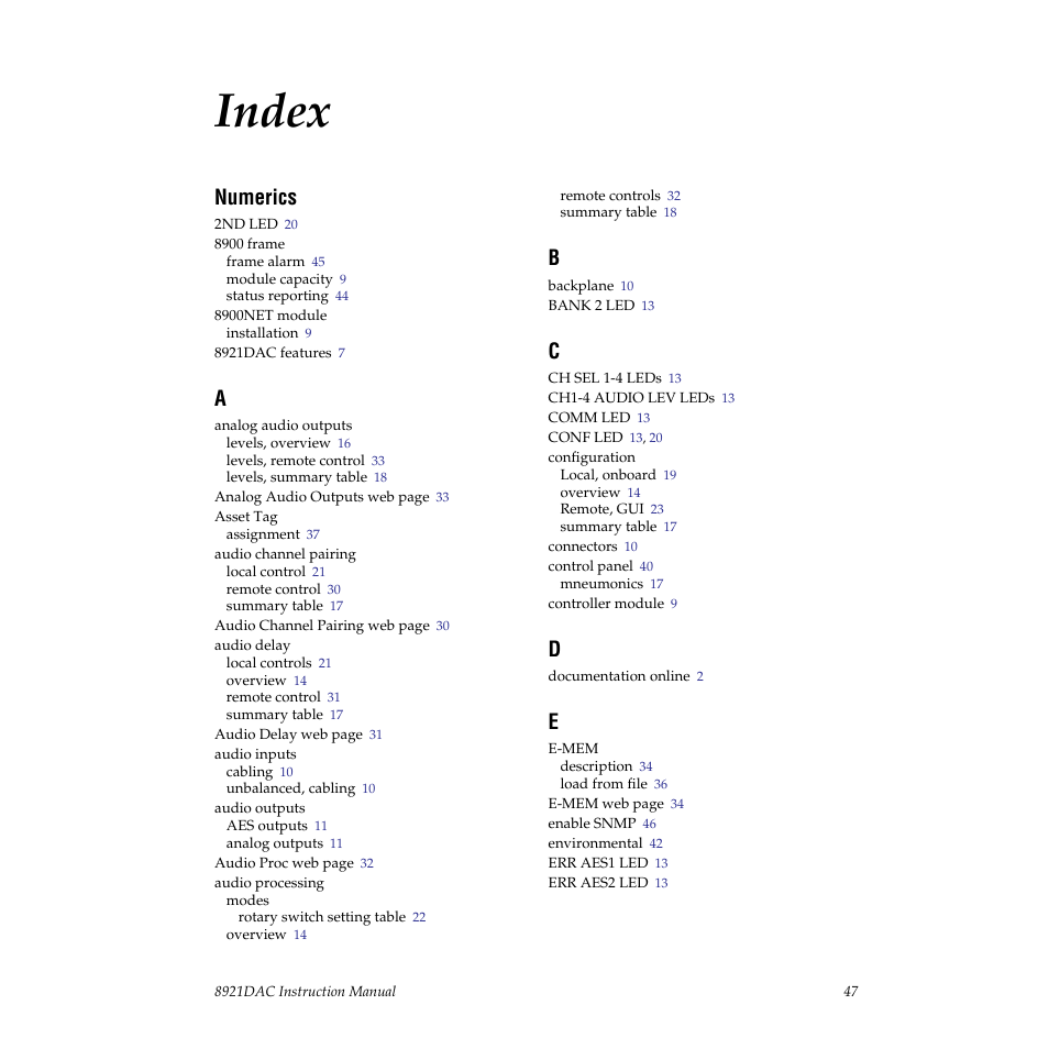 Index, Numerics | Grass Valley 8921DAC User Manual | Page 47 / 50
