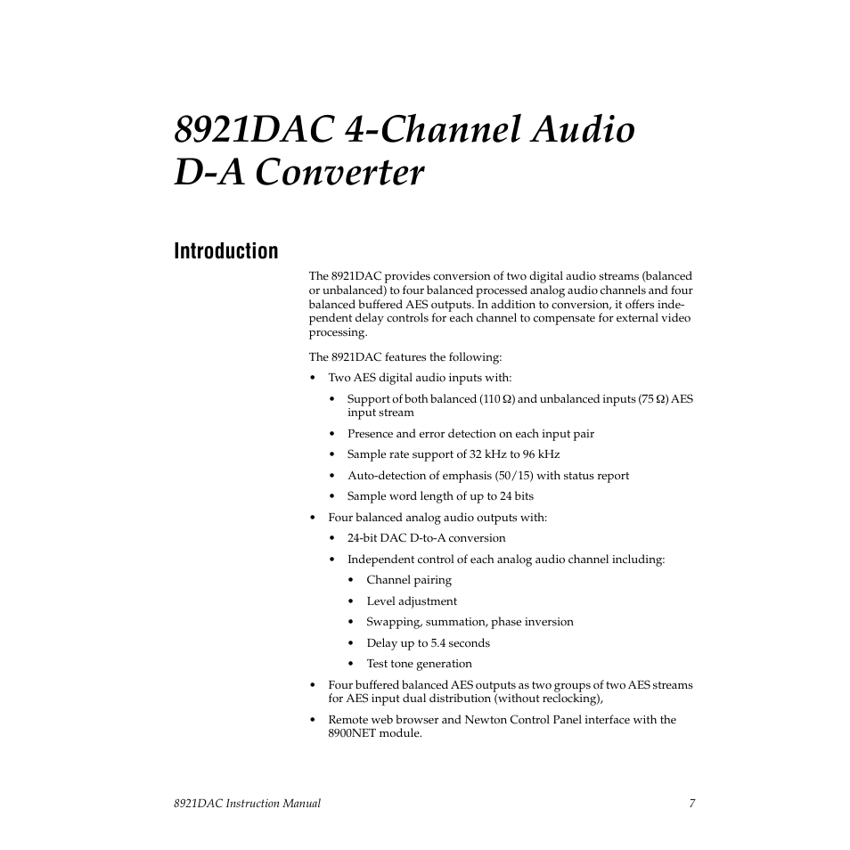 8921dac 4-channel audio d-a converter, Introduction | Grass Valley 8921DAC User Manual | Page 7 / 50