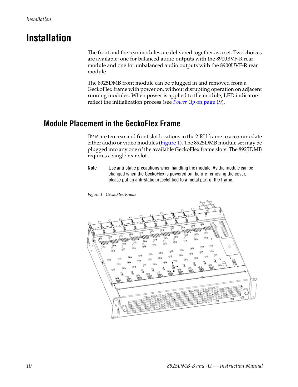 Installation, Module placement in the geckoflex frame | Grass Valley 8925DMB-B User Manual | Page 10 / 58