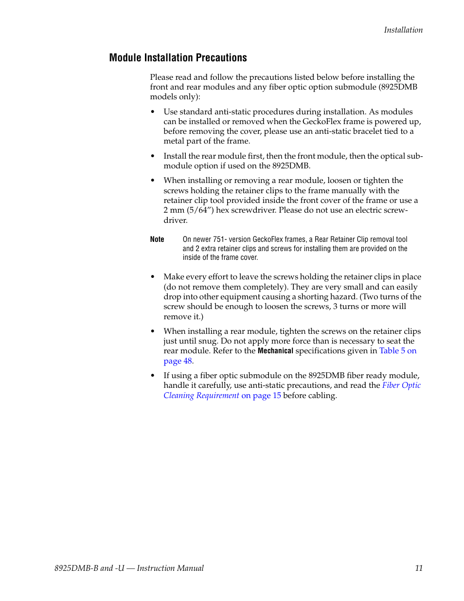 Module installation precautions | Grass Valley 8925DMB-B User Manual | Page 11 / 58