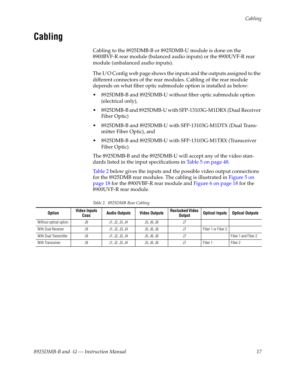 Cabling | Grass Valley 8925DMB-B User Manual | Page 17 / 58