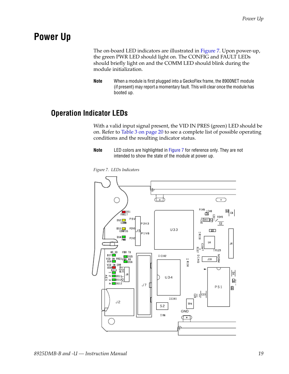 Power up, Operation indicator leds, Ocess (see | Grass Valley 8925DMB-B User Manual | Page 19 / 58