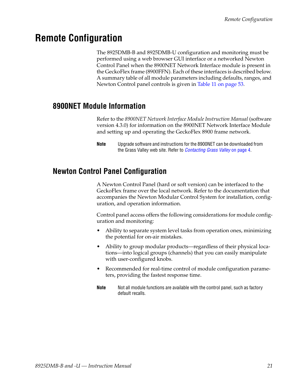Remote configuration, 8900net module information, Newton control panel configuration | Grass Valley 8925DMB-B User Manual | Page 21 / 58
