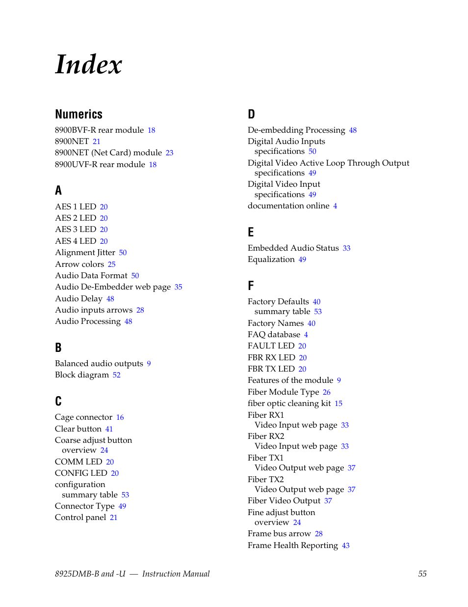 Index, Numerics | Grass Valley 8925DMB-B User Manual | Page 55 / 58