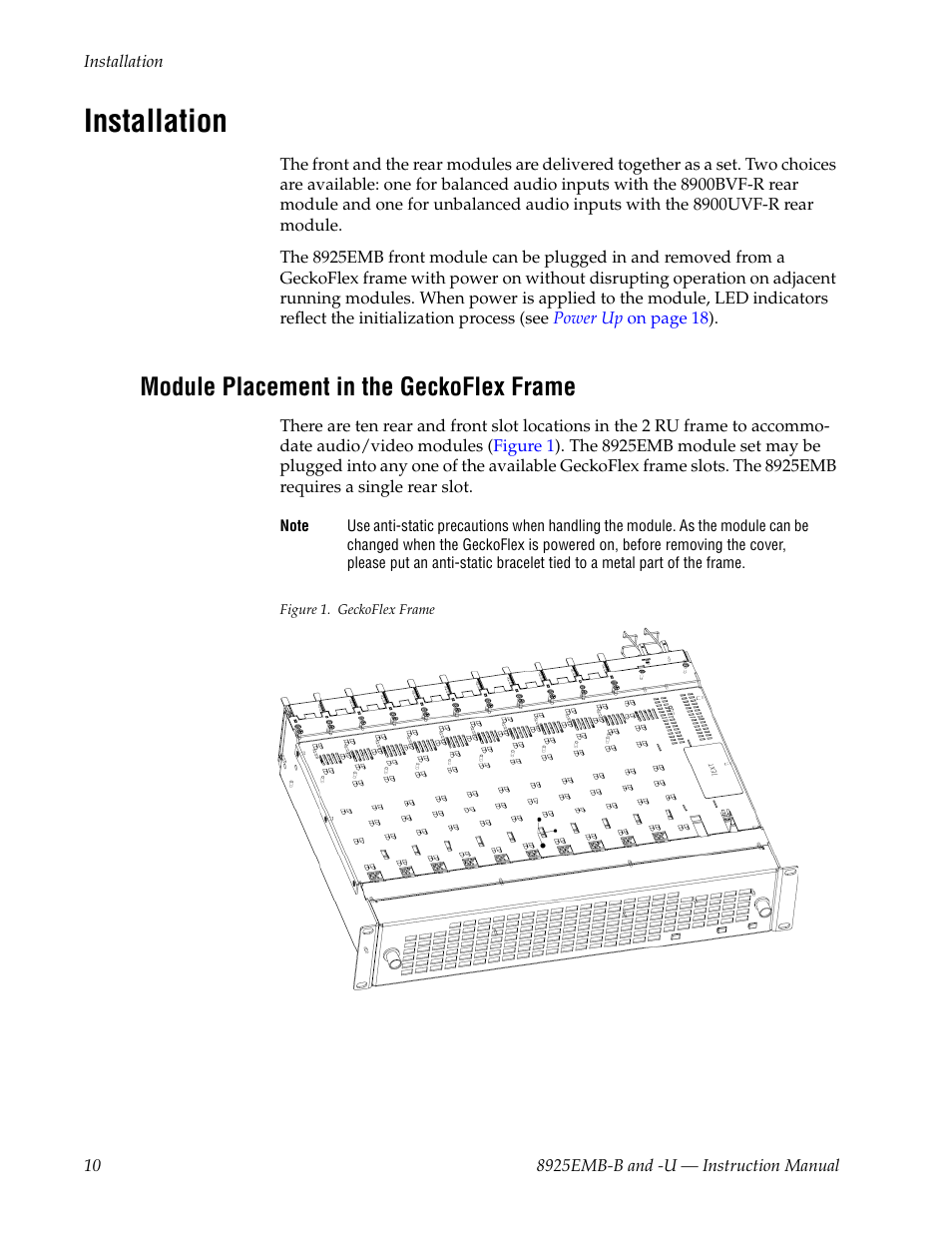 Installation, Module placement in the geckoflex frame | Grass Valley 8925EMB-B v.2.1.6 User Manual | Page 10 / 68