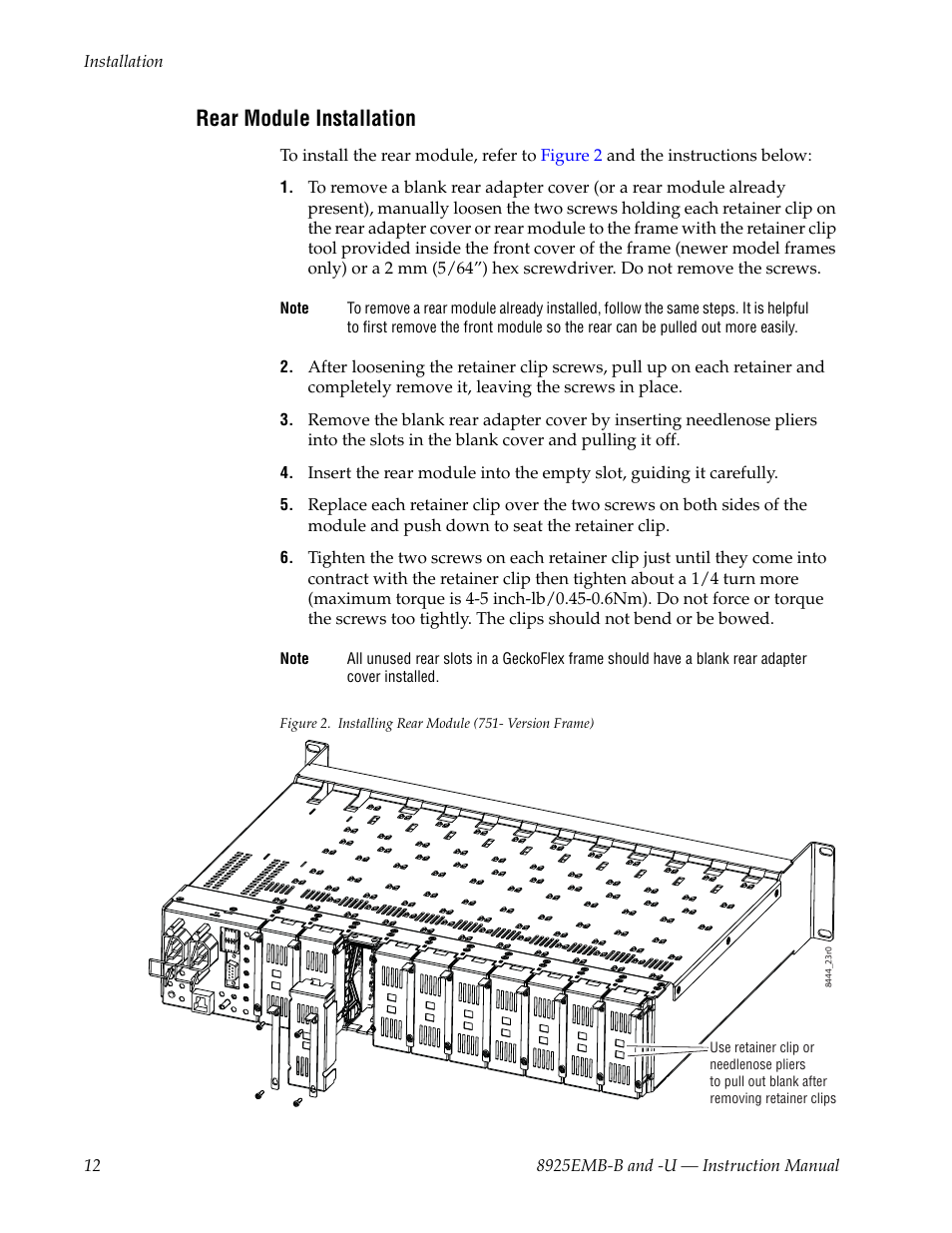 Rear module installation | Grass Valley 8925EMB-B v.2.1.6 User Manual | Page 12 / 68