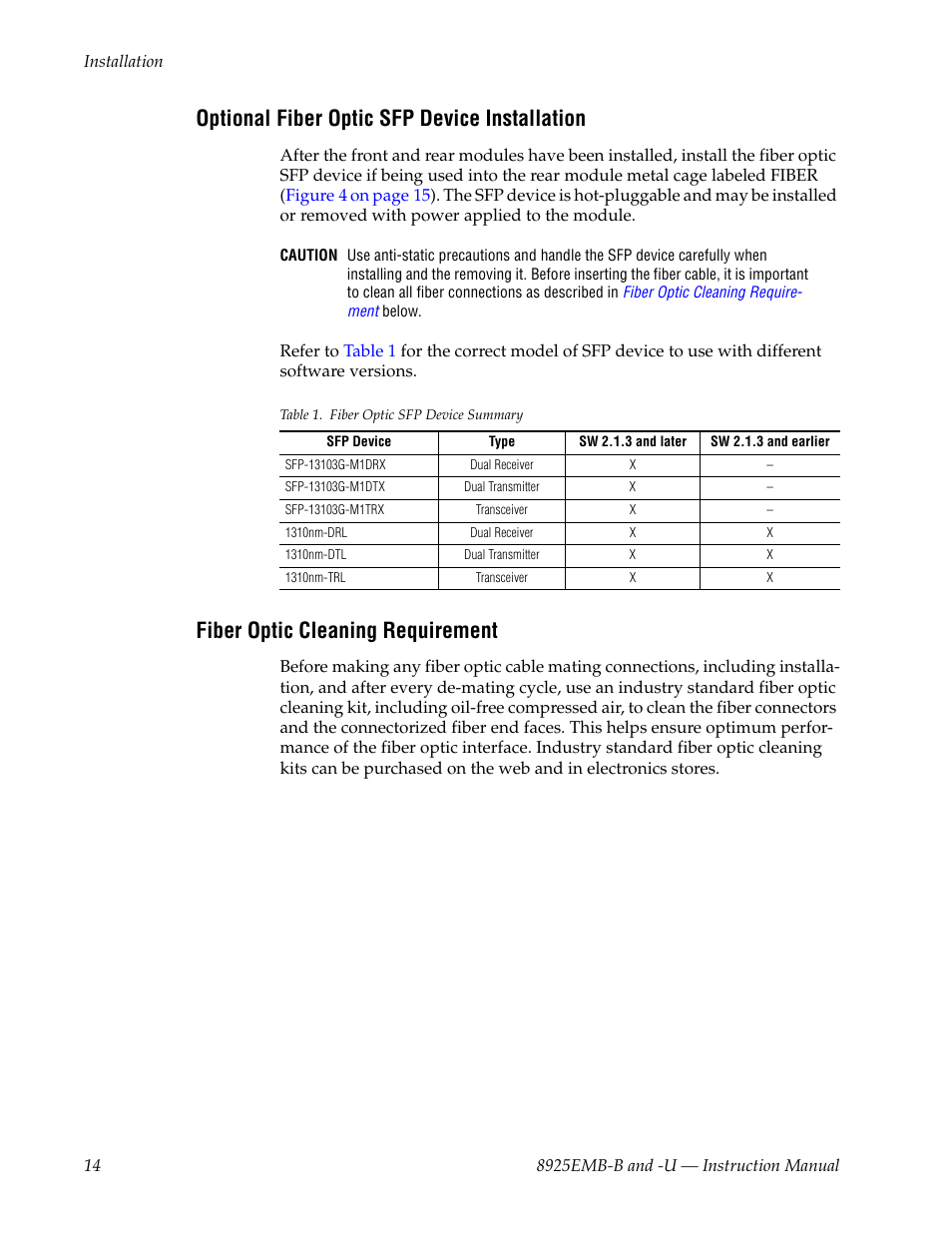 Optional fiber optic sfp device installation, Fiber optic cleaning requirement, Ad the | Grass Valley 8925EMB-B v.2.1.6 User Manual | Page 14 / 68