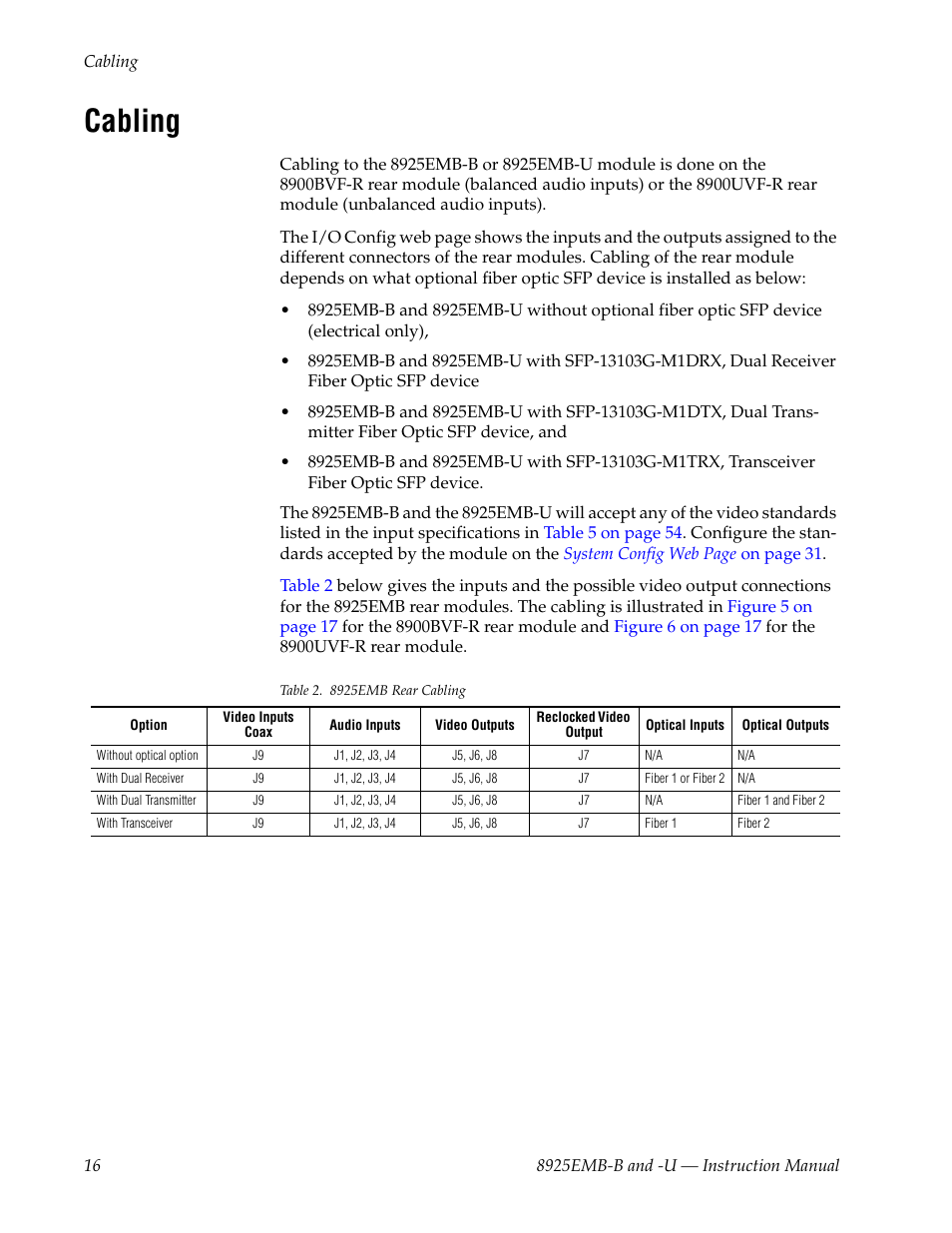 Cabling | Grass Valley 8925EMB-B v.2.1.6 User Manual | Page 16 / 68