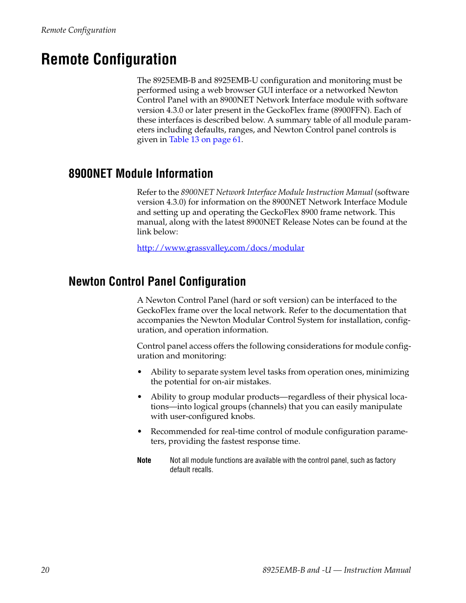 Remote configuration, 8900net module information, Newton control panel configuration | Grass Valley 8925EMB-B v.2.1.6 User Manual | Page 20 / 68