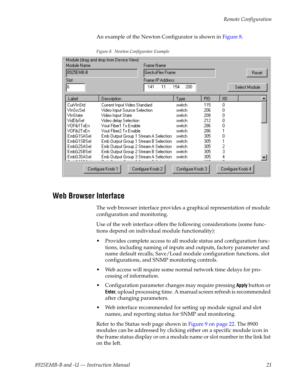 Web browser interface | Grass Valley 8925EMB-B v.2.1.6 User Manual | Page 21 / 68