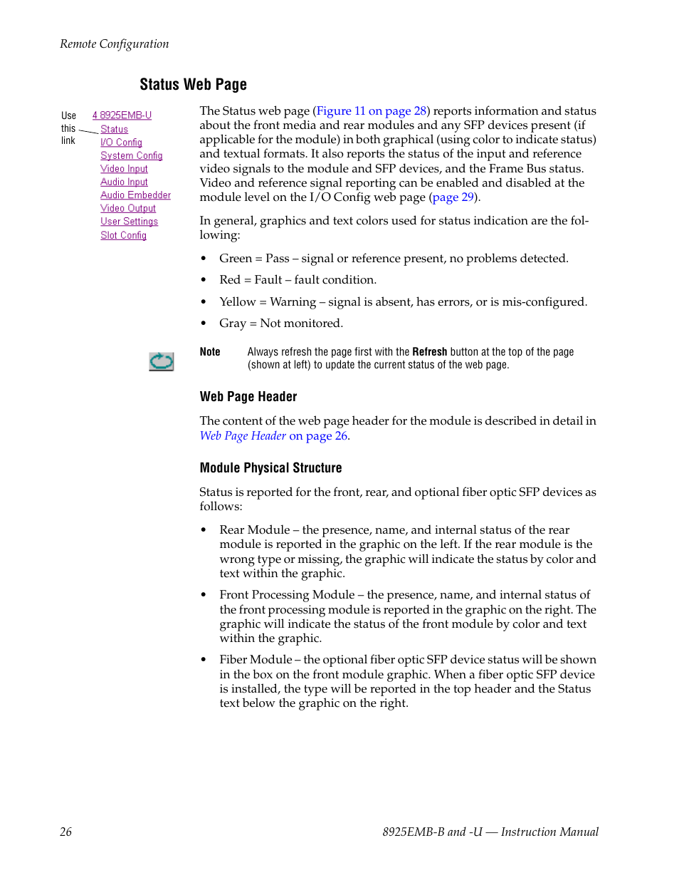 Status web page | Grass Valley 8925EMB-B v.2.1.6 User Manual | Page 26 / 68
