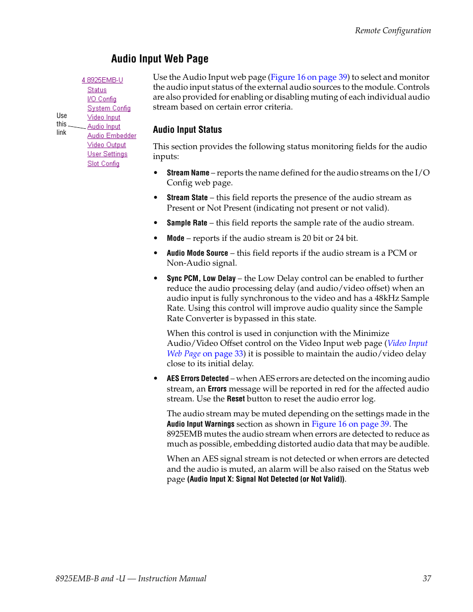 Ported, Audio input web page | Grass Valley 8925EMB-B v.2.1.6 User Manual | Page 37 / 68