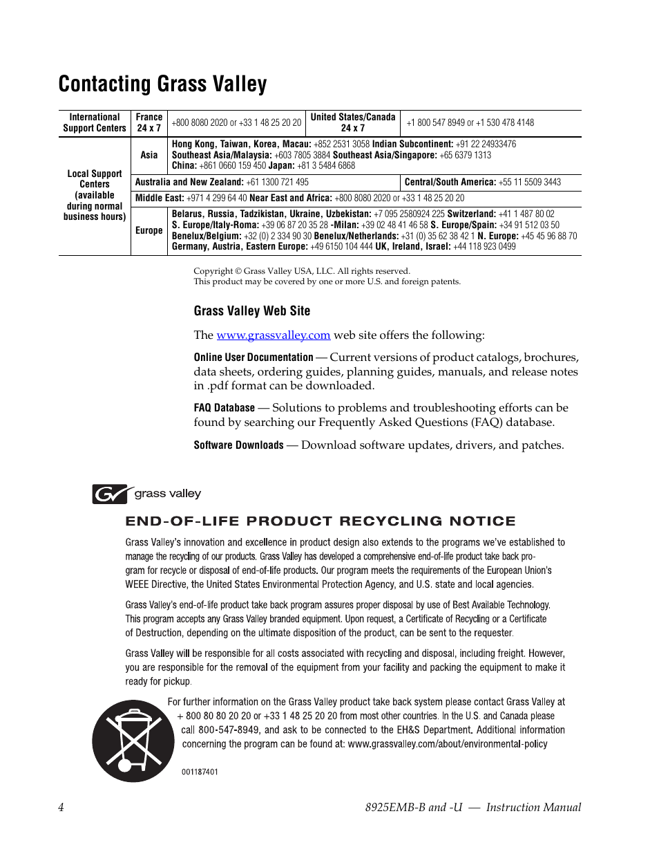 Contacting grass valley | Grass Valley 8925EMB-B v.2.1.6 User Manual | Page 4 / 68