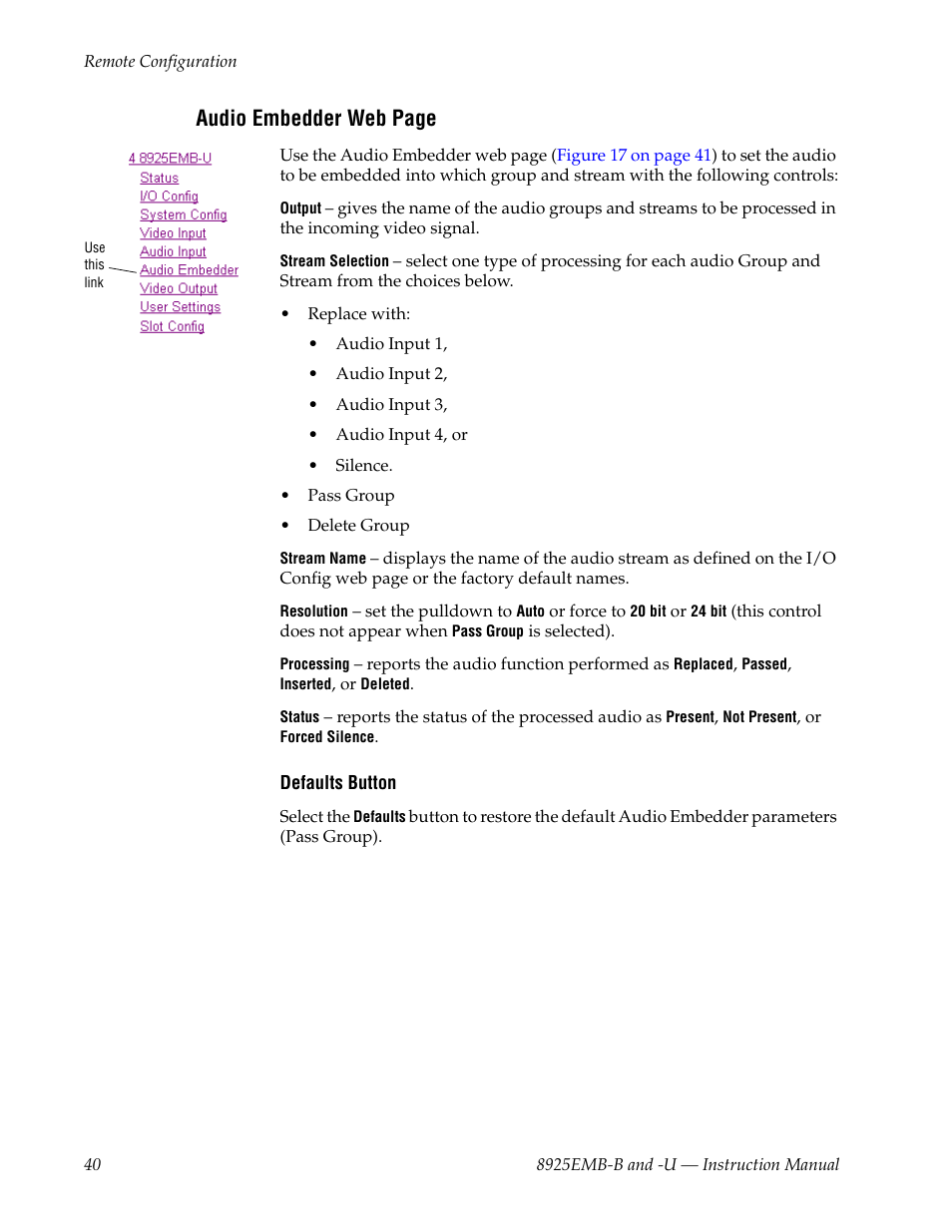 Audio embedder web page | Grass Valley 8925EMB-B v.2.1.6 User Manual | Page 40 / 68