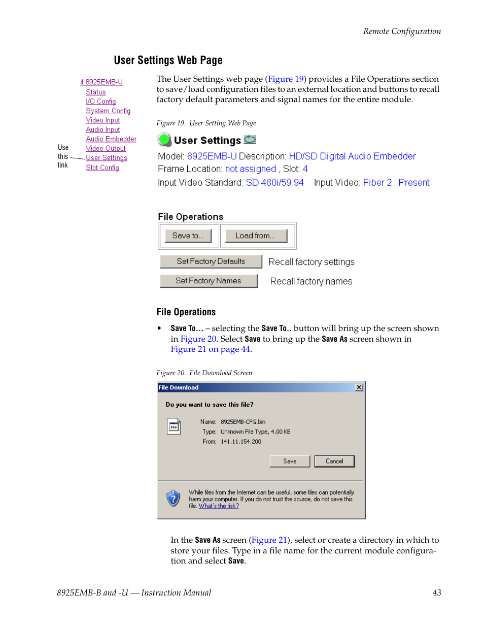 User settings web page | Grass Valley 8925EMB-B v.2.1.6 User Manual | Page 43 / 68