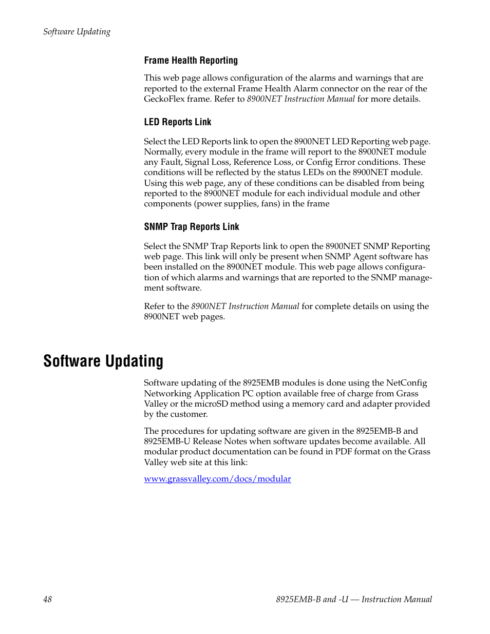 Software updating | Grass Valley 8925EMB-B v.2.1.6 User Manual | Page 48 / 68