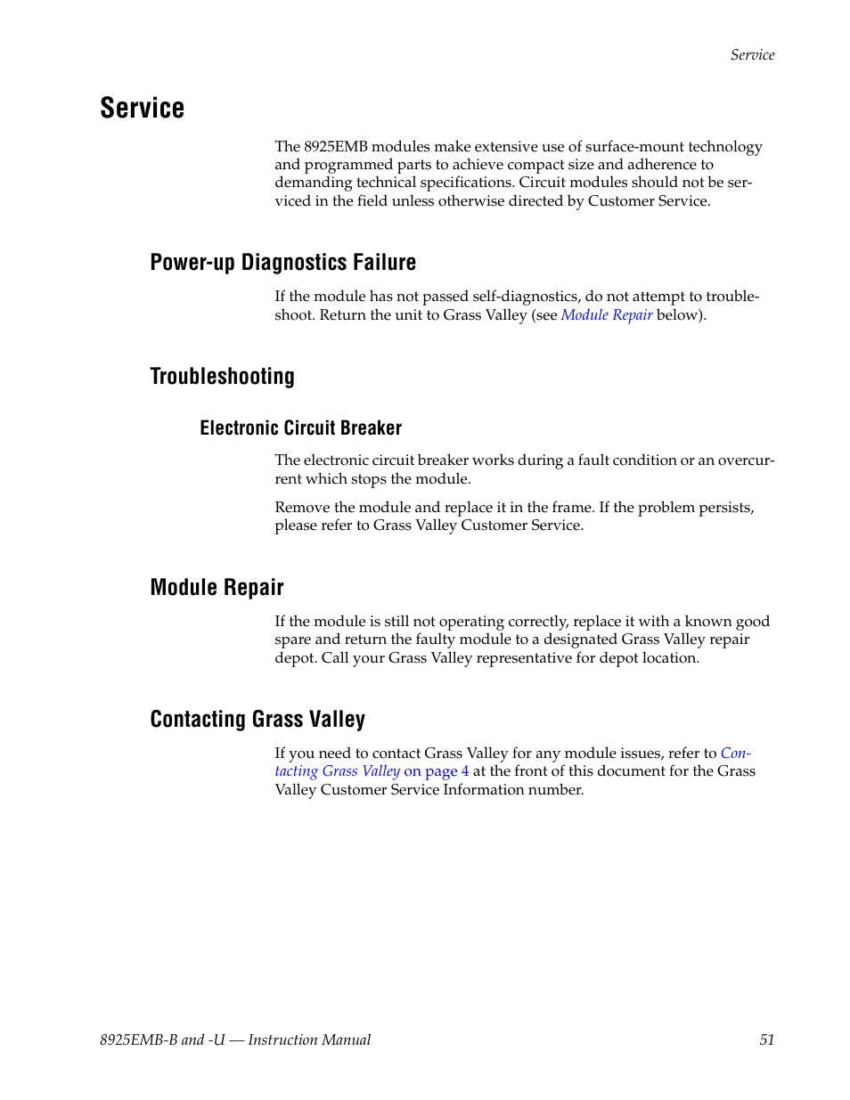 Service, Power-up diagnostics failure, Troubleshooting | Electronic circuit breaker, Module repair, Contacting grass valley | Grass Valley 8925EMB-B v.2.1.6 User Manual | Page 51 / 68