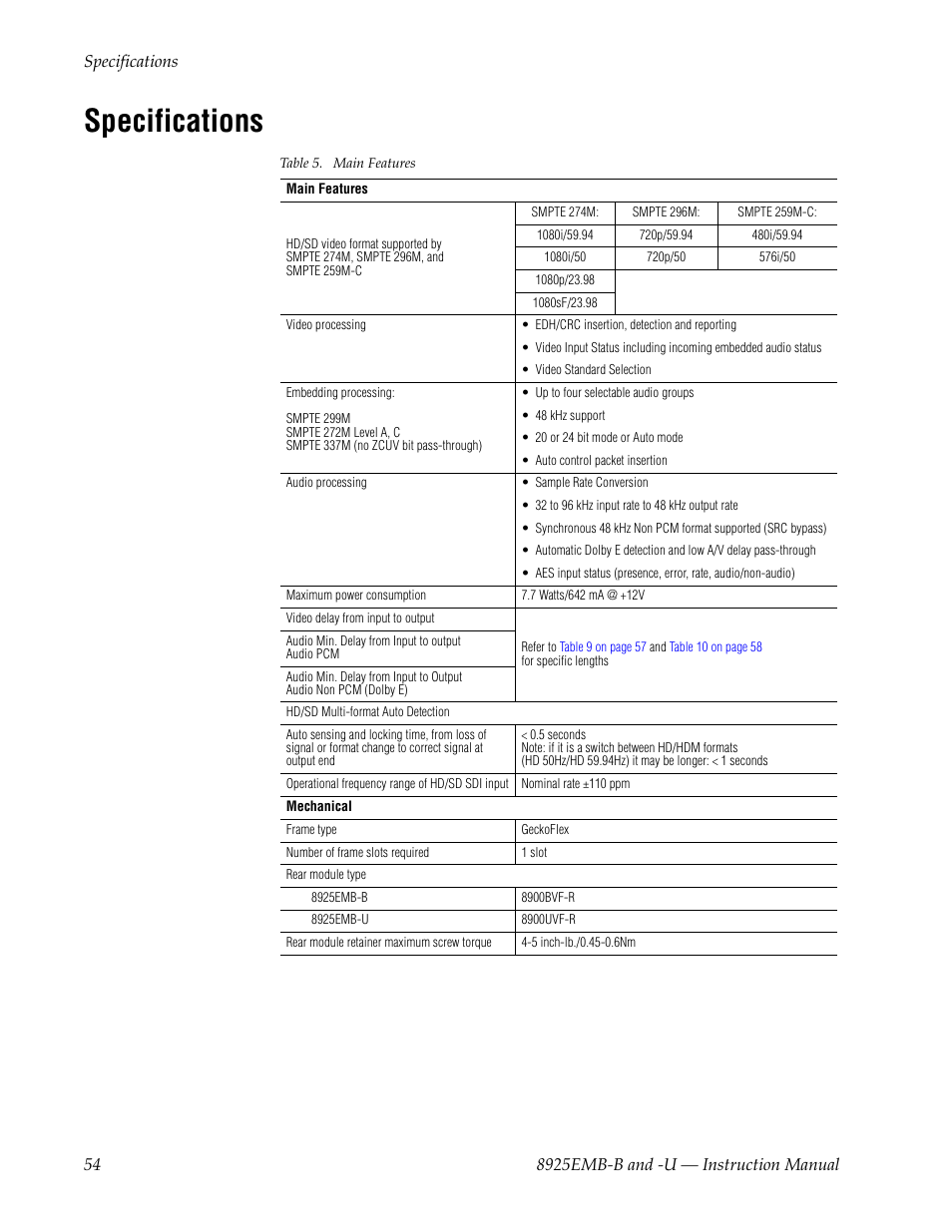 Specifications, Table 5 on | Grass Valley 8925EMB-B v.2.1.6 User Manual | Page 54 / 68