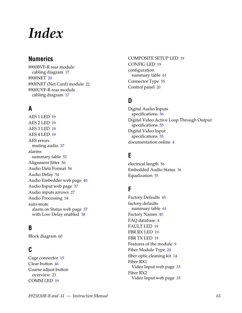 Index, Numerics | Grass Valley 8925EMB-B v.2.1.6 User Manual | Page 65 / 68