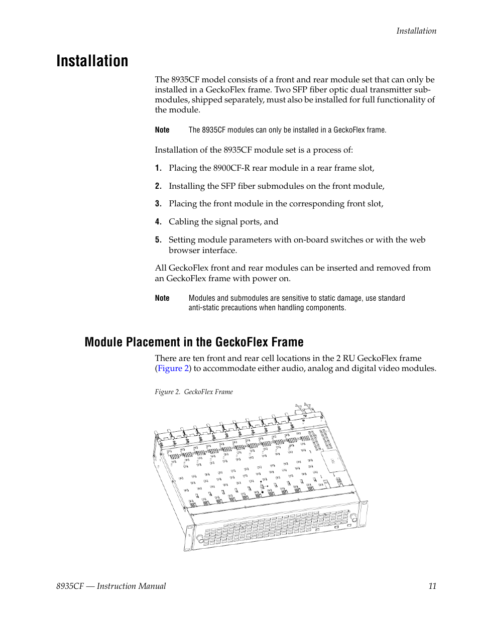 Installation, Module placement in the geckoflex frame | Grass Valley 8935CF User Manual | Page 11 / 58
