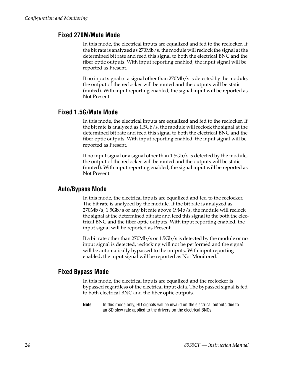 Fixed 270m/mute mode, Fixed 1.5g/mute mode, Auto/bypass mode | Fixed bypass mode | Grass Valley 8935CF User Manual | Page 24 / 58