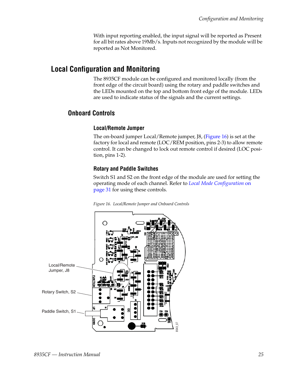 Local configuration and monitoring, Onboard controls, Bed in | Grass Valley 8935CF User Manual | Page 25 / 58
