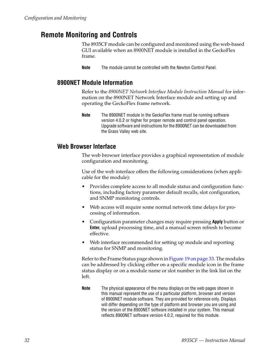 Remote monitoring and controls, 8900net module information, Web browser interface | Grass Valley 8935CF User Manual | Page 32 / 58