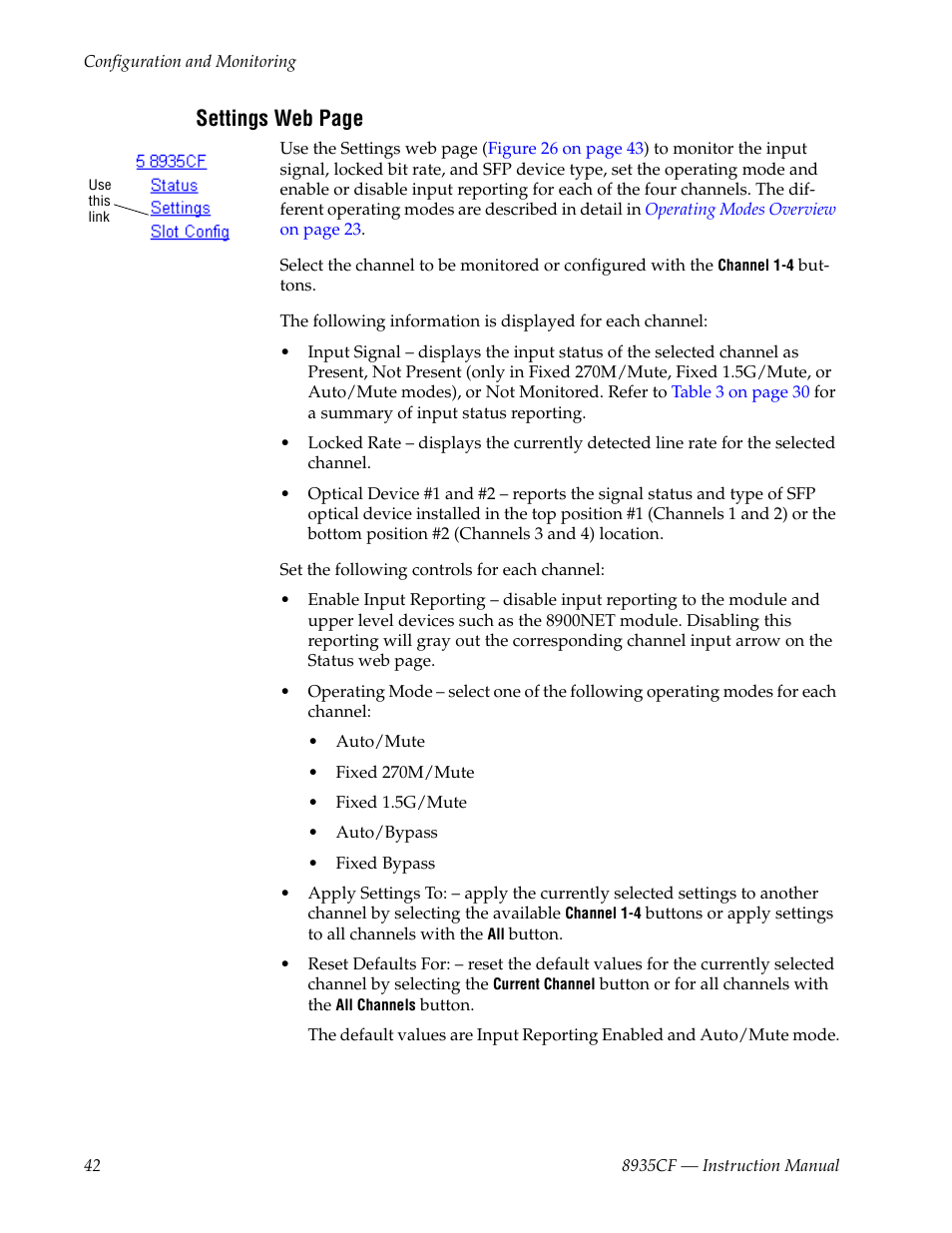 Settings web page | Grass Valley 8935CF User Manual | Page 42 / 58