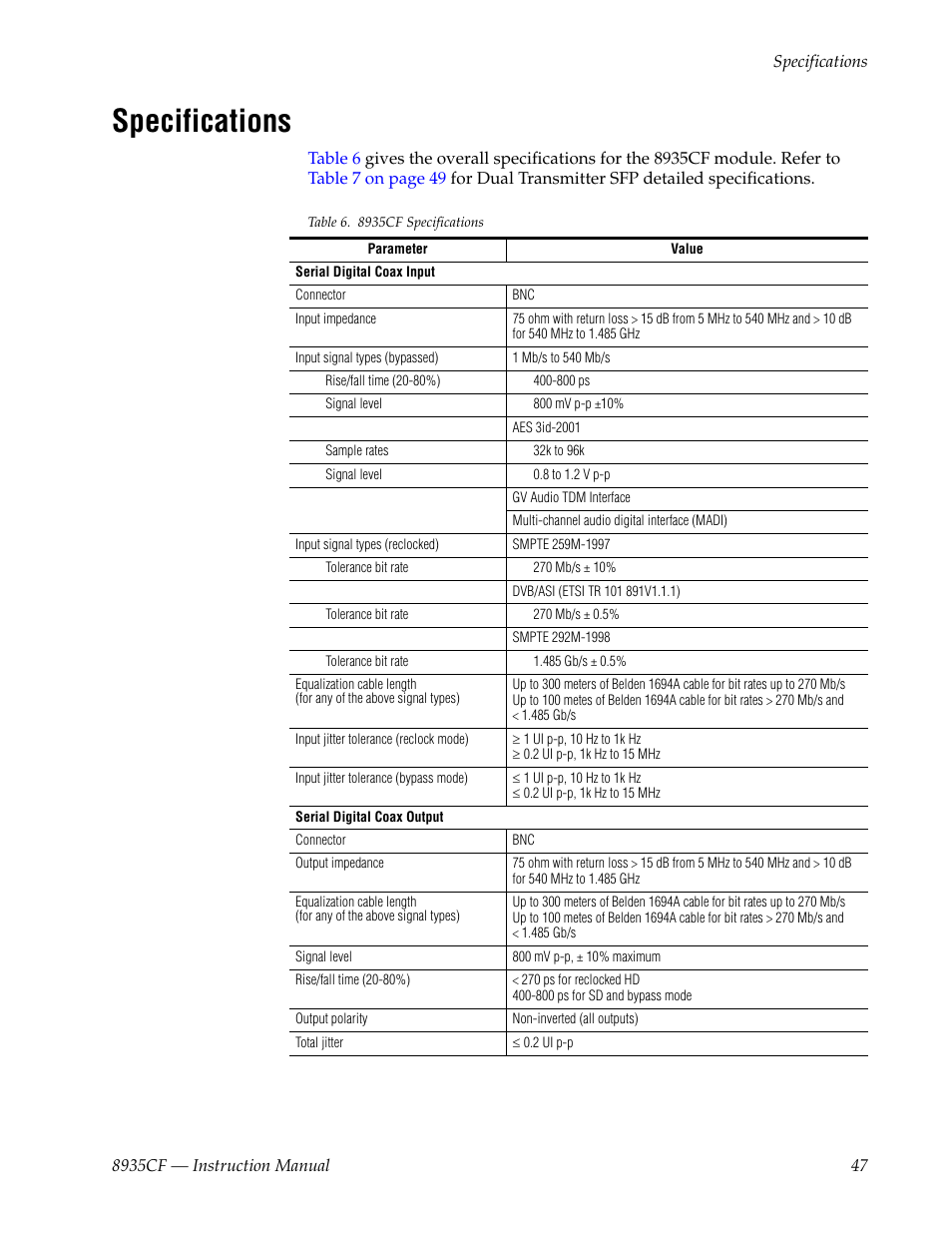 Specifications, N in, Table 6 on | Grass Valley 8935CF User Manual | Page 47 / 58
