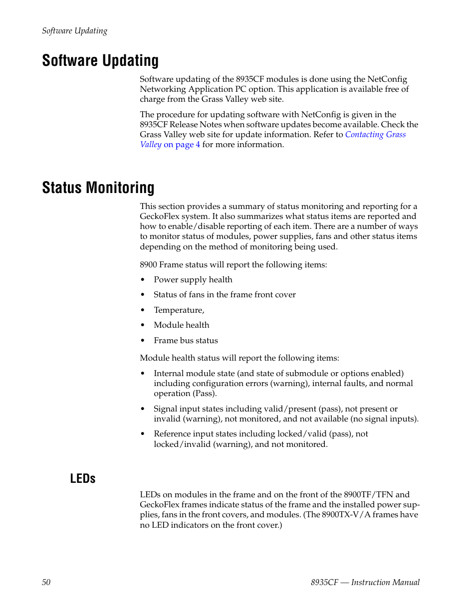 Software updating, Status monitoring, Leds | Grass Valley 8935CF User Manual | Page 50 / 58