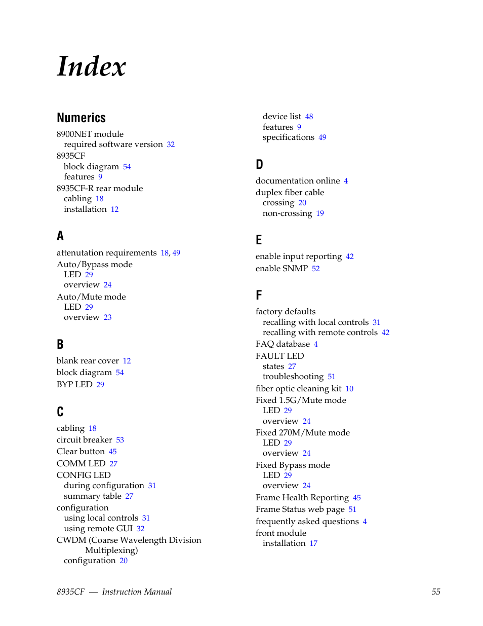 Index, Numerics | Grass Valley 8935CF User Manual | Page 55 / 58
