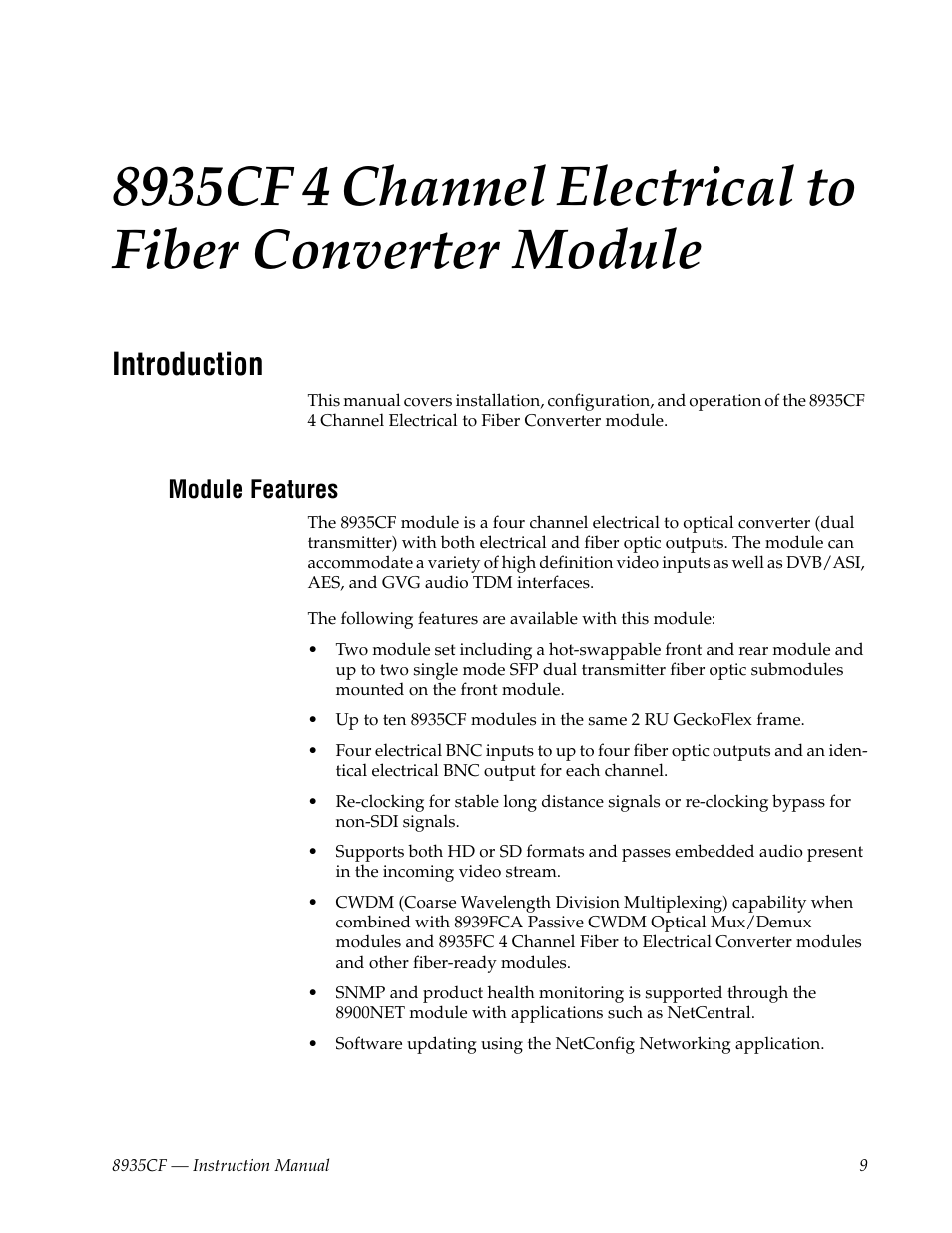 Introduction, Module features | Grass Valley 8935CF User Manual | Page 9 / 58