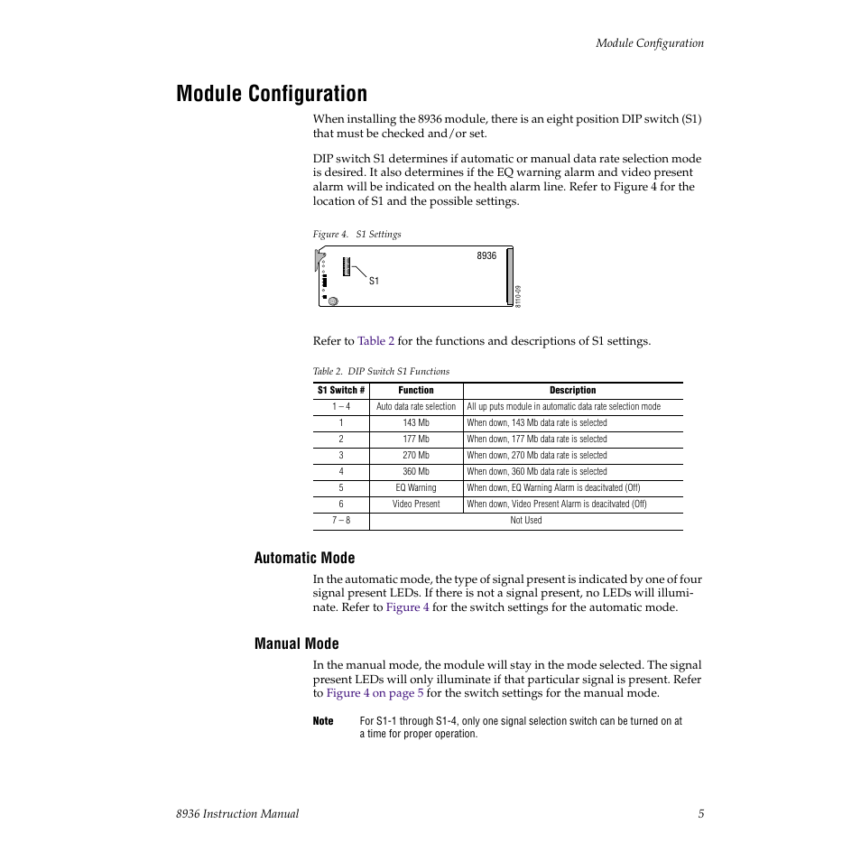 Module configuration, Automatic mode, Manual mode | Grass Valley 8936 User Manual | Page 11 / 20