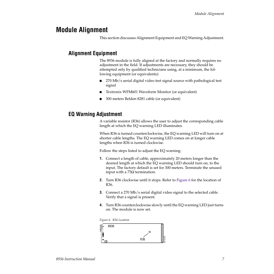 Module alignment, Alignment equipment, Eq warning adjustment | Grass Valley 8936 User Manual | Page 13 / 20