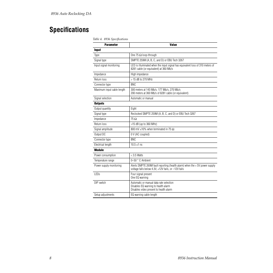 Specifications | Grass Valley 8936 User Manual | Page 14 / 20