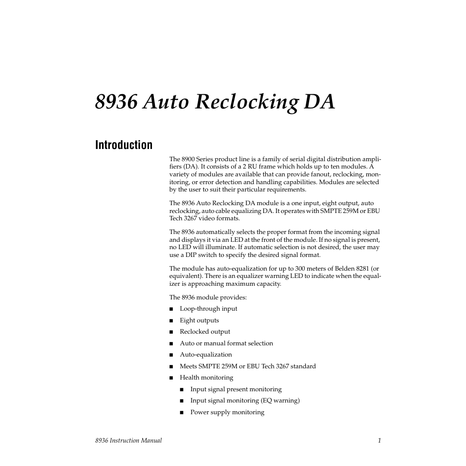 8936 auto reclocking da, Introduction | Grass Valley 8936 User Manual | Page 7 / 20