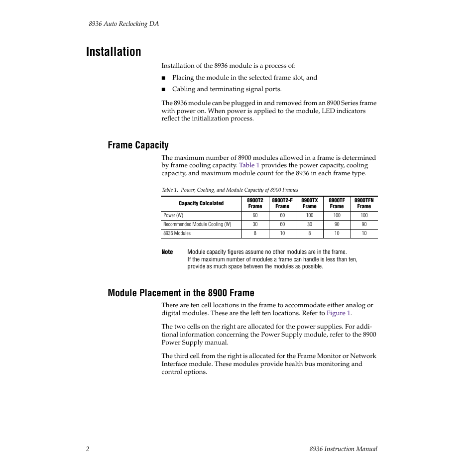 Installation, Frame capacity, Module placement in the 8900 frame | Grass Valley 8936 User Manual | Page 8 / 20