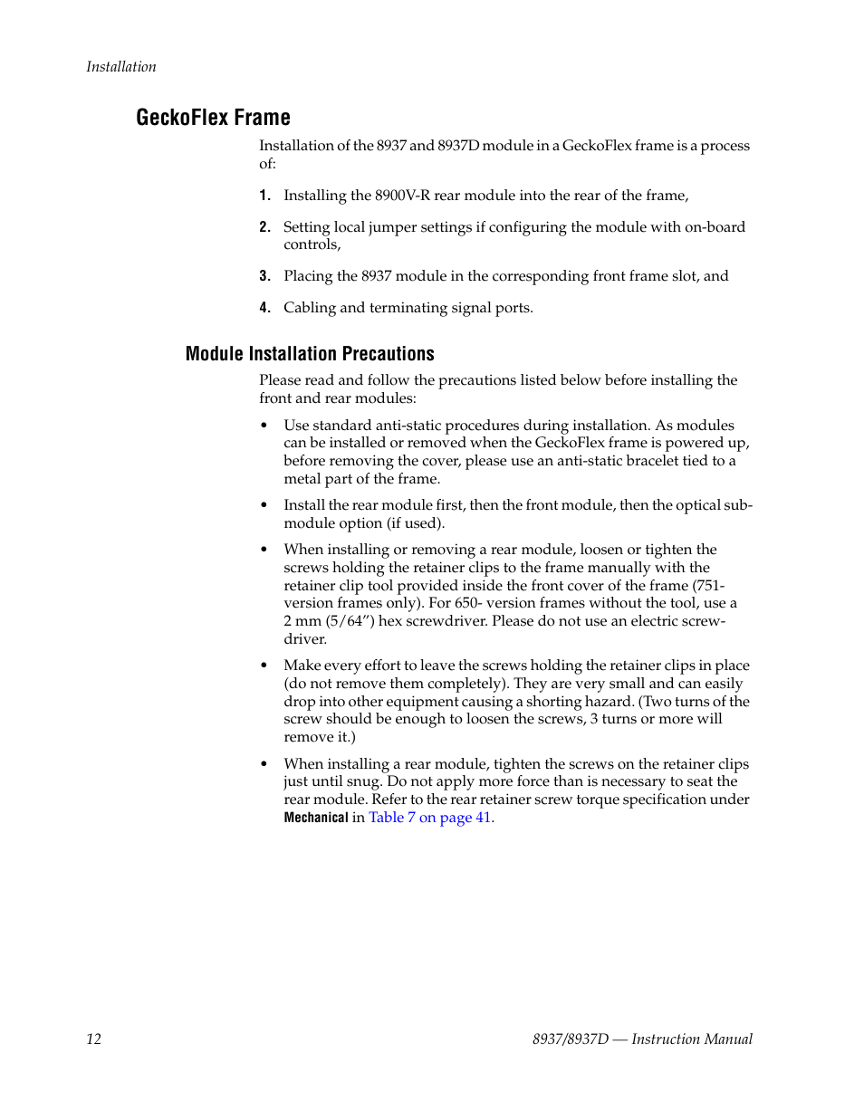 Geckoflex frame, Module installation precautions | Grass Valley 8937 v.1.1.0 User Manual | Page 12 / 48