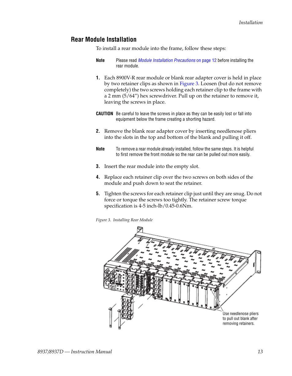 Rear module installation | Grass Valley 8937 v.1.1.0 User Manual | Page 13 / 48
